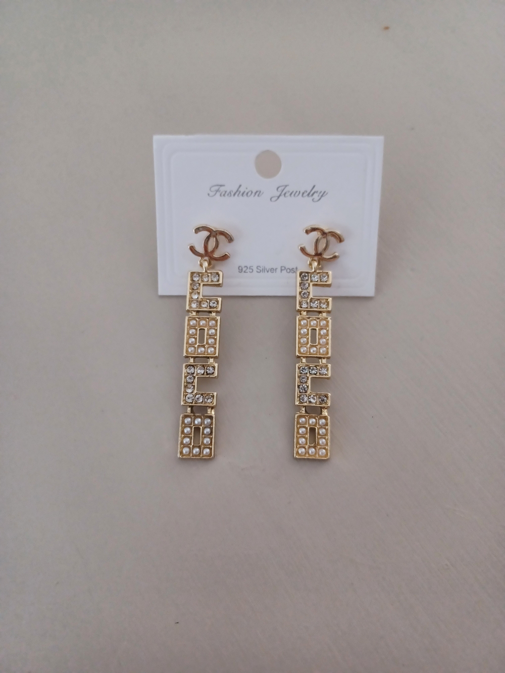 Gold Crystal Drop Logo Dangle Earrings - Fashion Jewelry